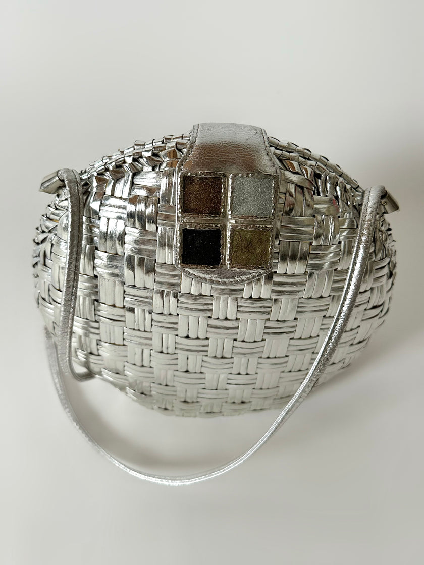 Borsa bandoulière vintage Rodo in midollino argento con chiusura gioiello