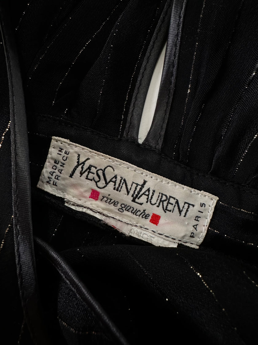 Jumpsuit vintage Yves Saint Laurent Rive Gauche nera con righe in lamé oro