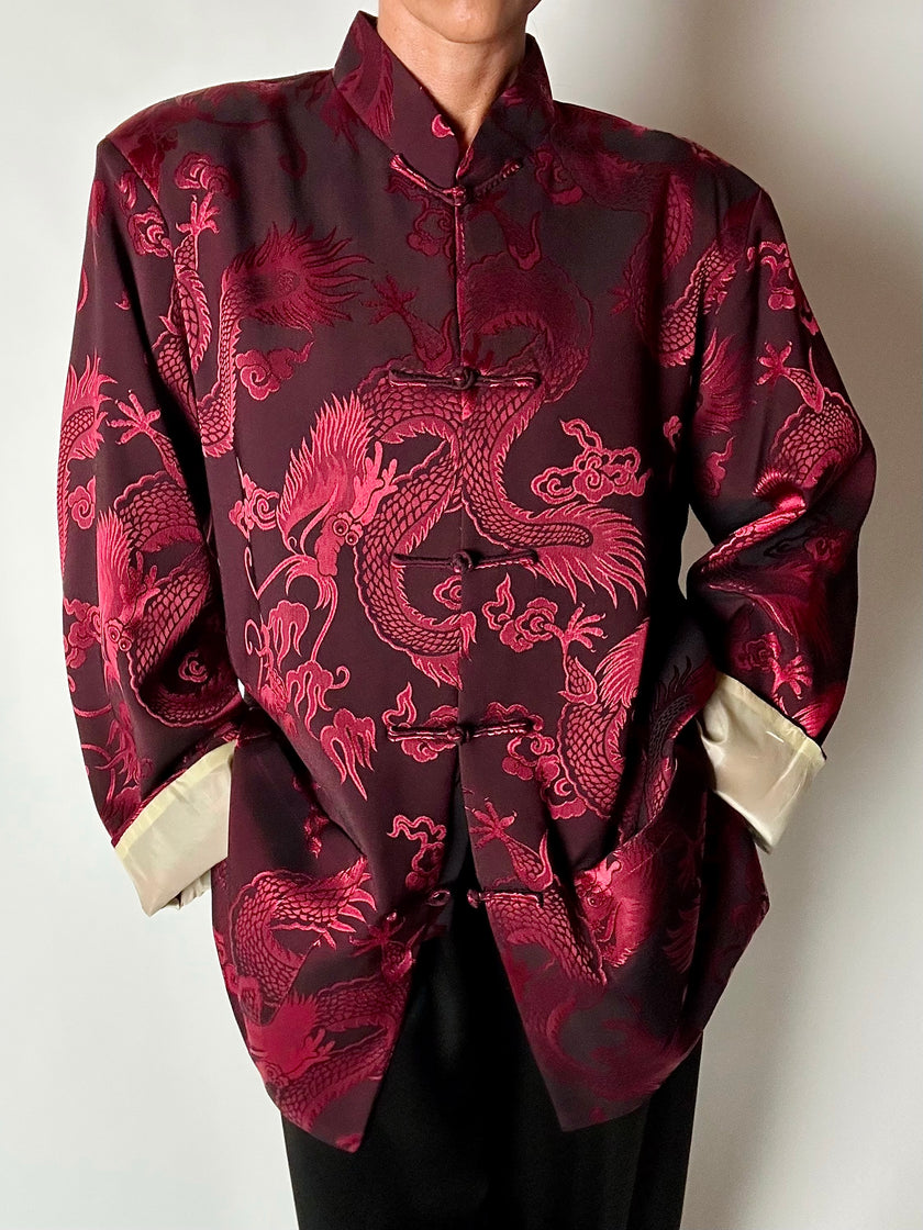 Giacca vintage in tessuto jacquard bordeaux con draghi cinesi e alamari