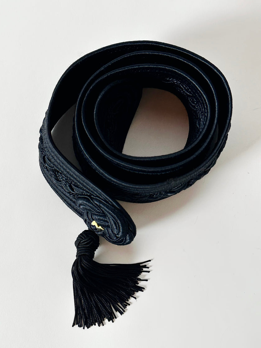 Cintura vintage Nina Ricci nera in passamaneria intrecciata con nappa couture