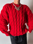 Maglione vintage fatto a mano in lana rossa con maxi trecce a rilievo