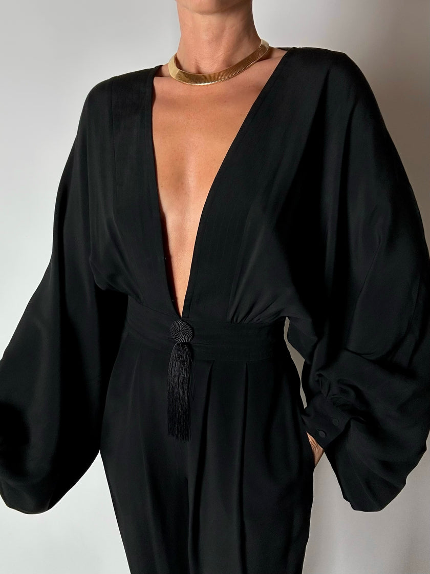 Jumpsuit vintage Emilio Pucci nera con maniche a pipistrello e nappa couture