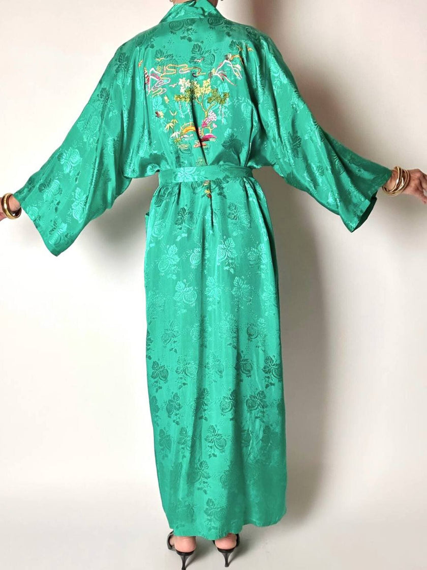 Green rayon jacquard kimono robe with multicolor embroidery