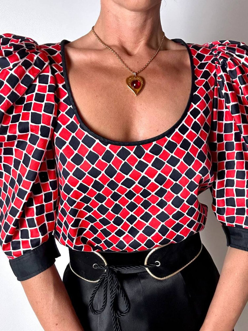 Blusa vintage Yves Saint Laurent fantasia Arlecchino con maniche a palloncino