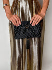 Pochette vintage Rodo in raso nero lavorato a rete con nappa couture e tracolla in catena