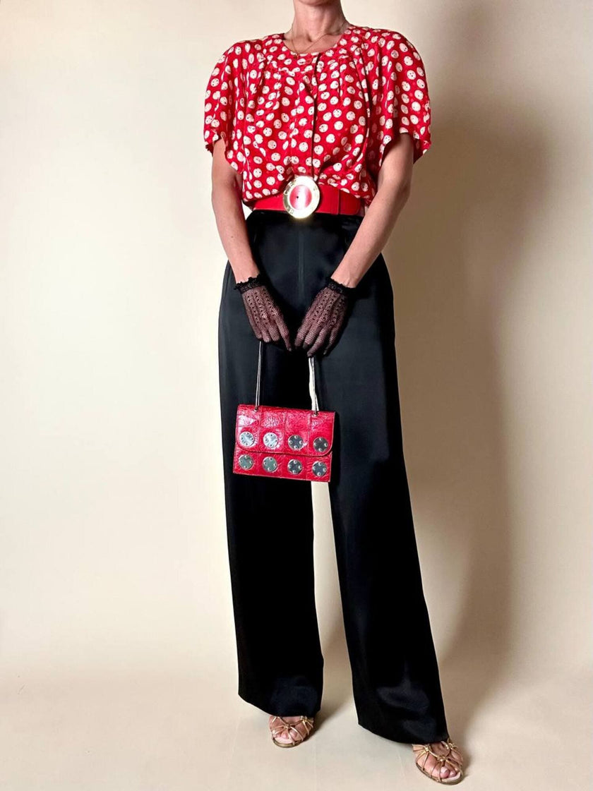 Mini abito rosso in seta jacquard a pois con fusciacca in coordinato “Fendi”