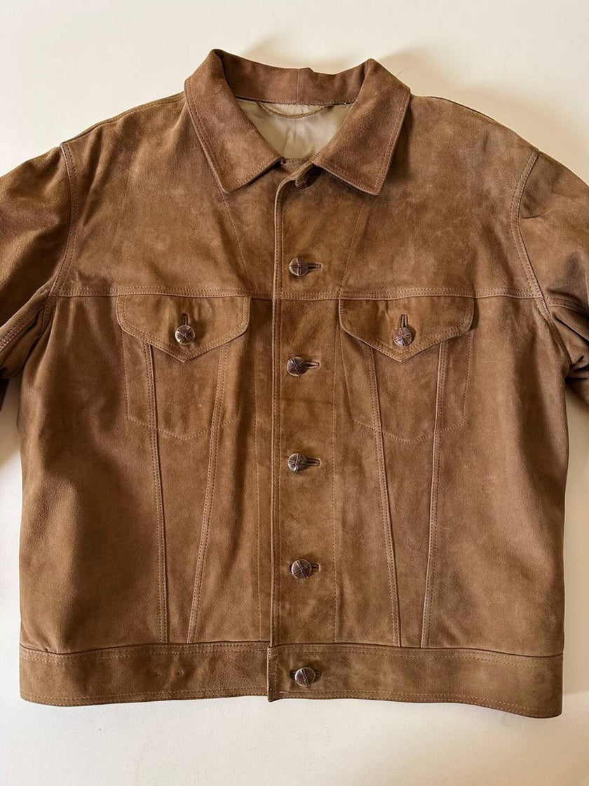 Giacca trucker in pelle scamosciata tabacco con bottoni effetto berlebeck
