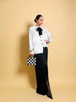 Camicia in raso bianco con fiocco nero “Yves Saint Laurent”