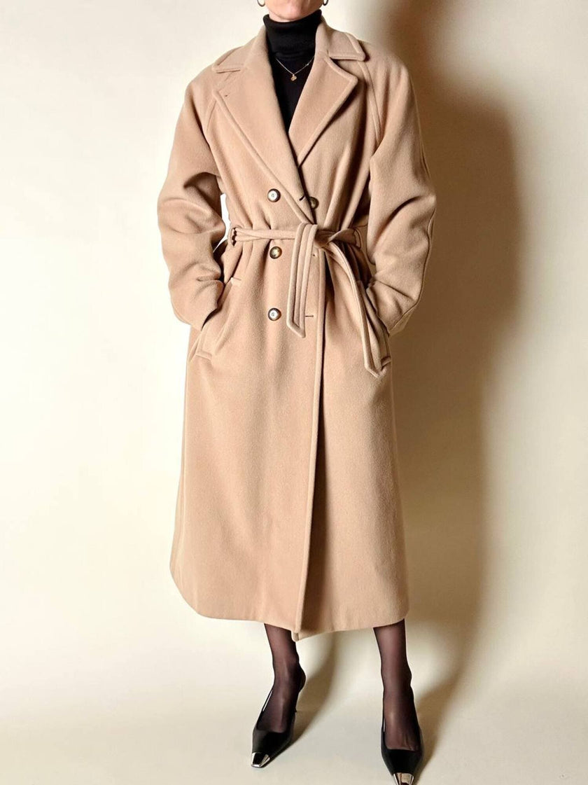 Cappotto vintage Kamaé modello vestaglia in lana e cachemire cammello chiaro