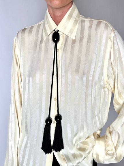 Camicia vintage in seta Valentino Garavani color avorio a righe con loghi allover