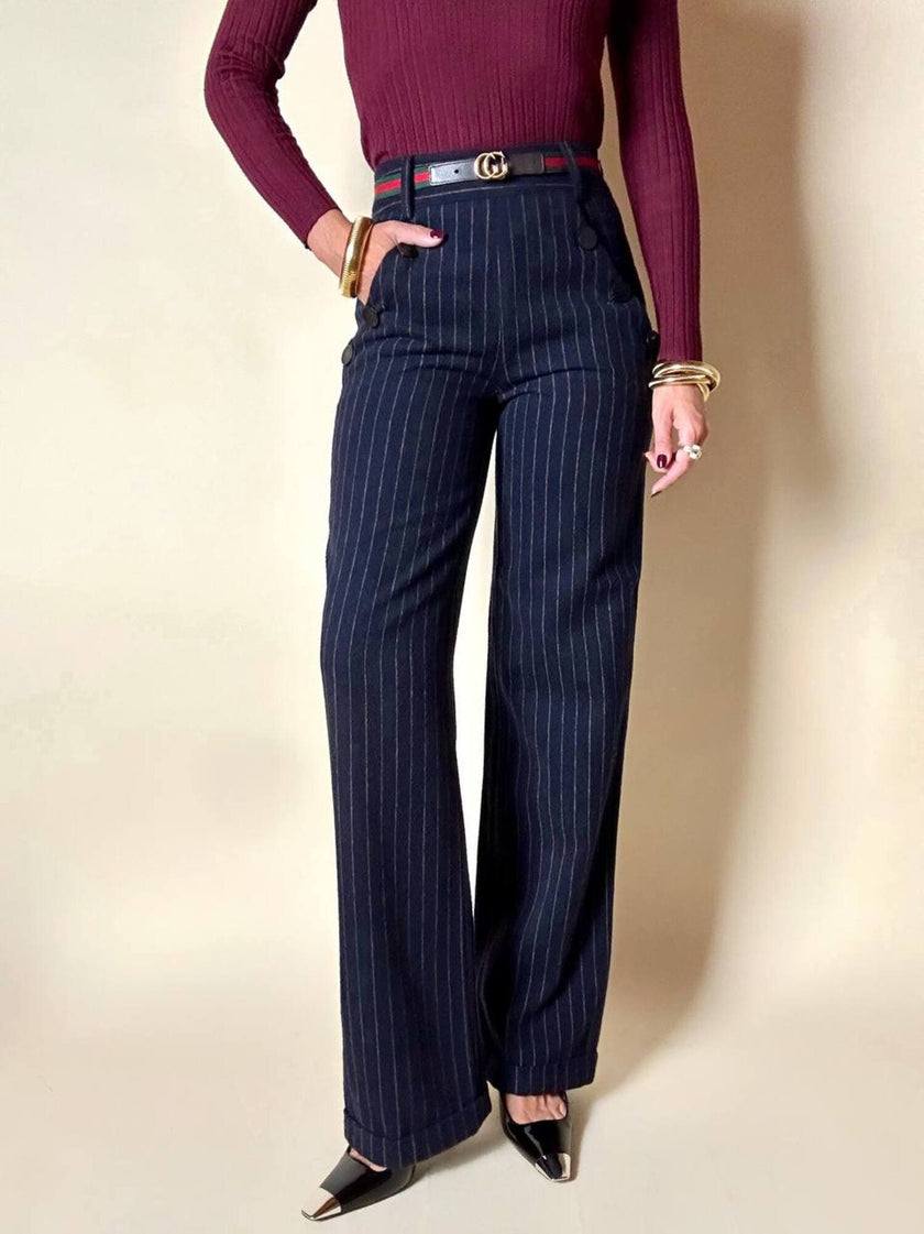 Pantalone a vita alta DOU DOU modello sailor in lana gessata blu notte