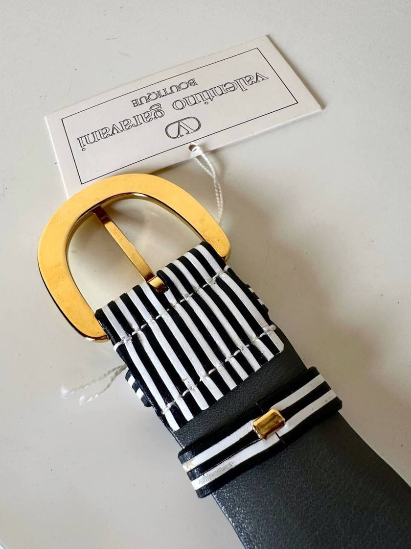 Vintage Valentino Garavani black and white striped belt with metal and resin hardware