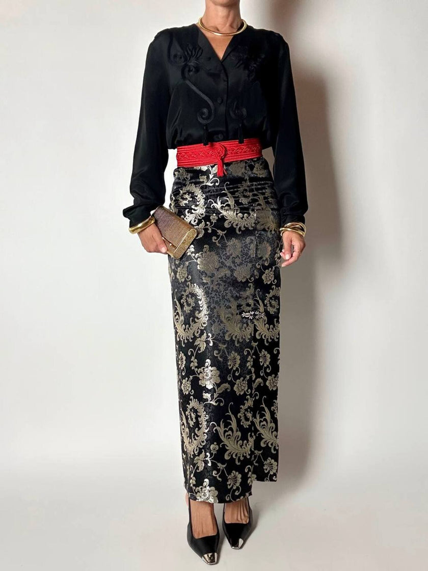 Gonna lunga a tubino in raso jacquard nero e platino fantasia floreale