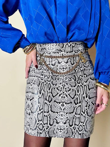 Minigonna vintage Laura Prisco in pelle bianca stampa pitone nei toni del nero e grigio