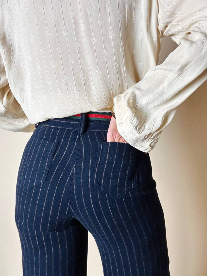 Pantalone a vita alta DOU DOU modello sailor in lana gessata blu notte