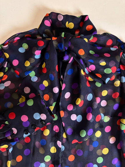 Camicia con fiocco in chiffon di seta nero a pois multicolor “D&G”