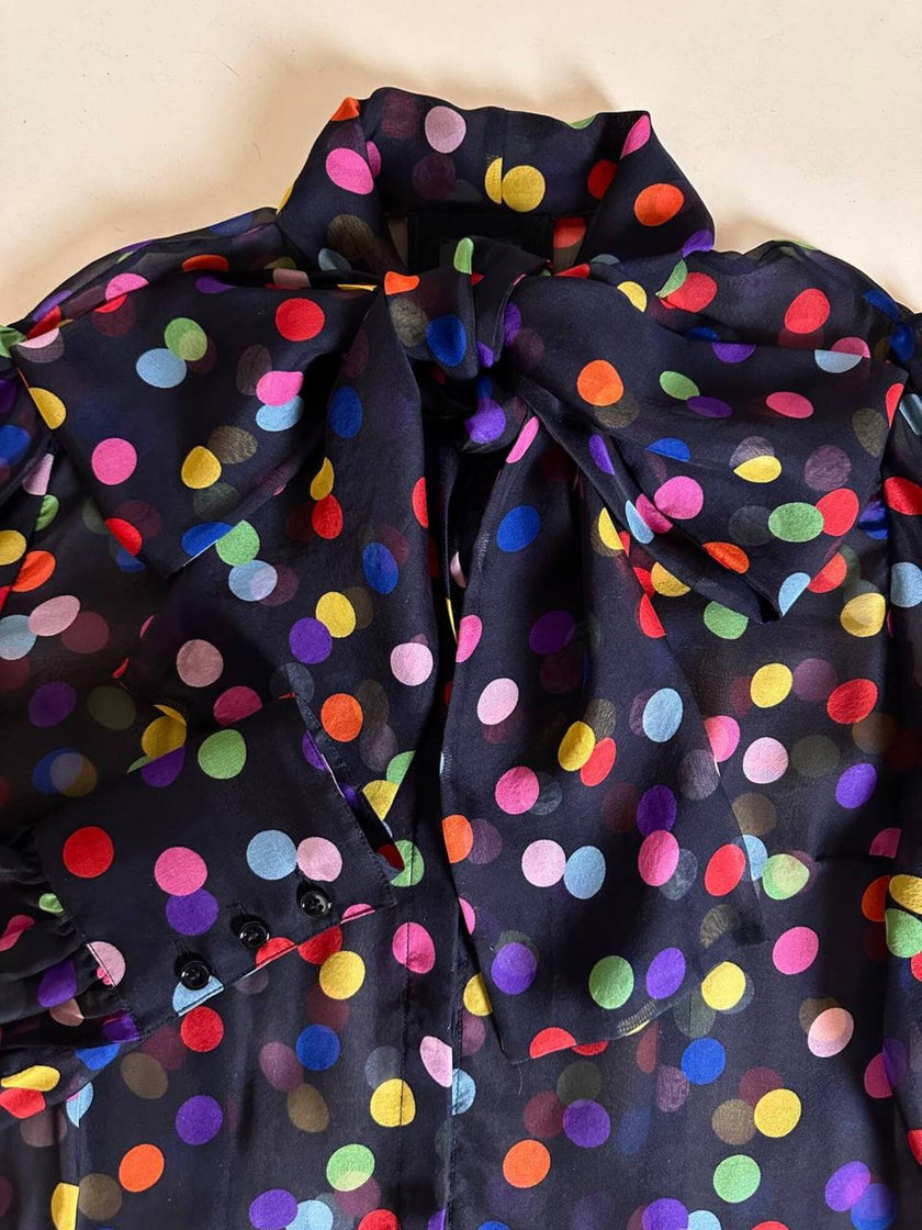 Camicia con fiocco in chiffon di seta nero a pois multicolor “D&G”