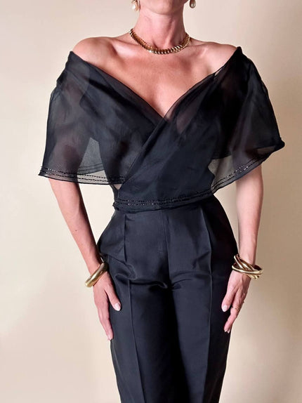 Top incrociato in organza nera con ricamo in perline “Per Te By Krizia”