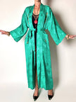 Green rayon jacquard kimono robe with multicolor embroidery