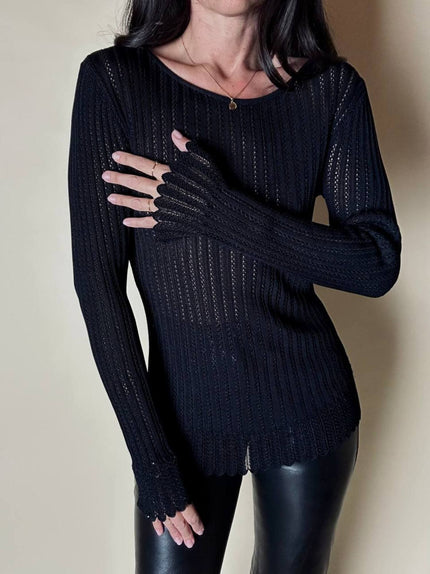 Maglia vintage Yves Saint Laurent nera traforata con profili smerlati