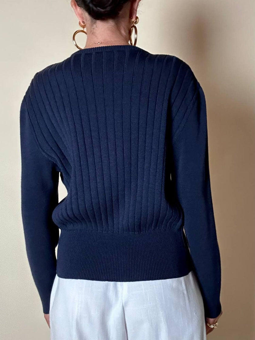 Cardigan Yves Saint Laurent blu navy con bottoni dorati a specchio