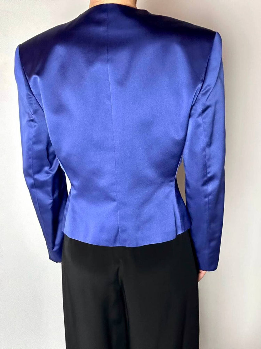 Vintage-Jacke von Yves Saint Laurent aus kobaltblauem Satin mit mehrfarbigen Schmuckknöpfen