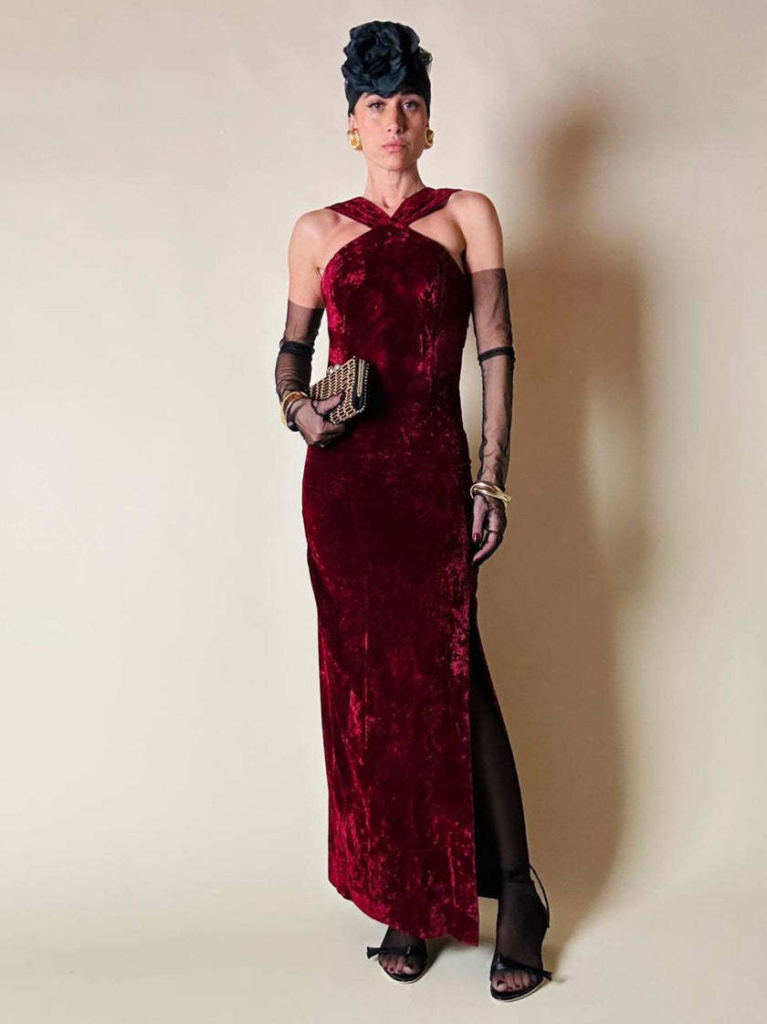 Abito lungo in velluto bordeaux “Evening Chic by Nancy Bracoloni”