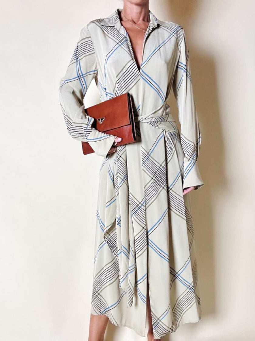Abito Guy Laroche in crepe beige fantasia geometrica nera e azzurra