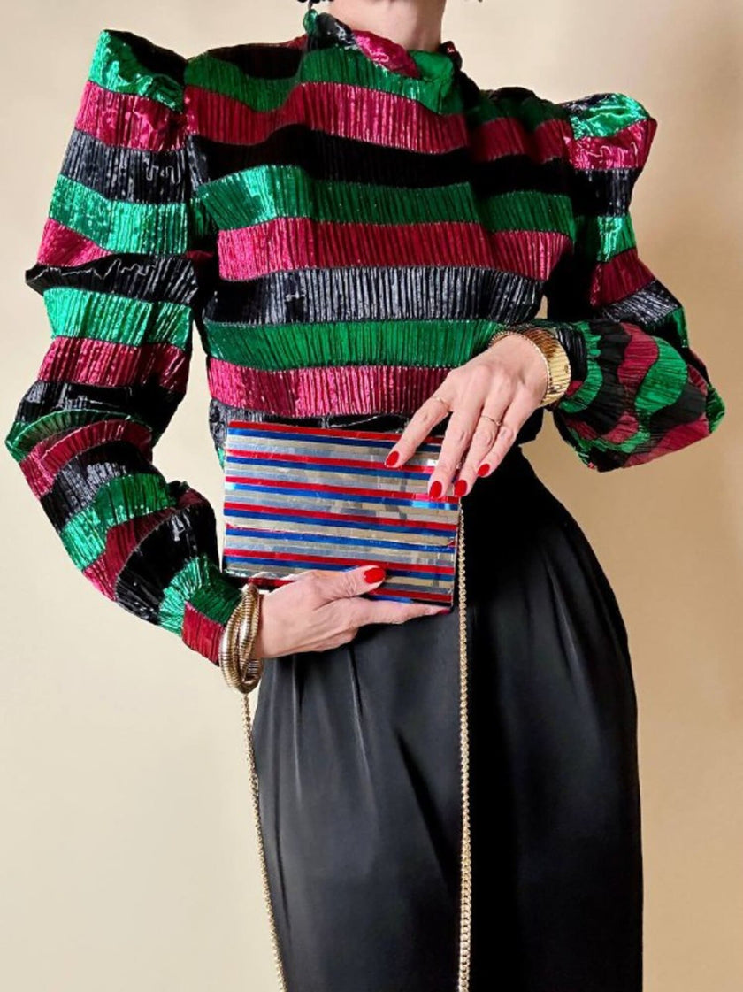 Pochette à lamelles miroirs multicolores avec bandoulière chaîne