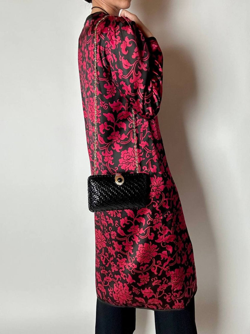 Abito Yves Saint Laurent Rive Gauche in raso con fantasia damascata rossa e nera