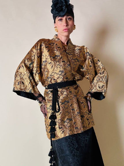 Kimono cinese in broccato di seta oro fantasia dragoni
