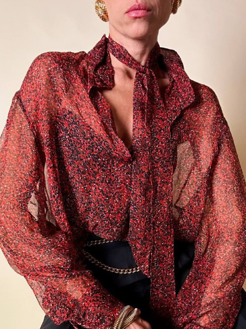 Blusa rossa in chiffon micro fantasia “Yves Saint Laurent”