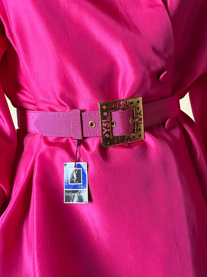 Cintura in gros grain fucsia con fibbia logata color oro “Yves Saint Laurent”