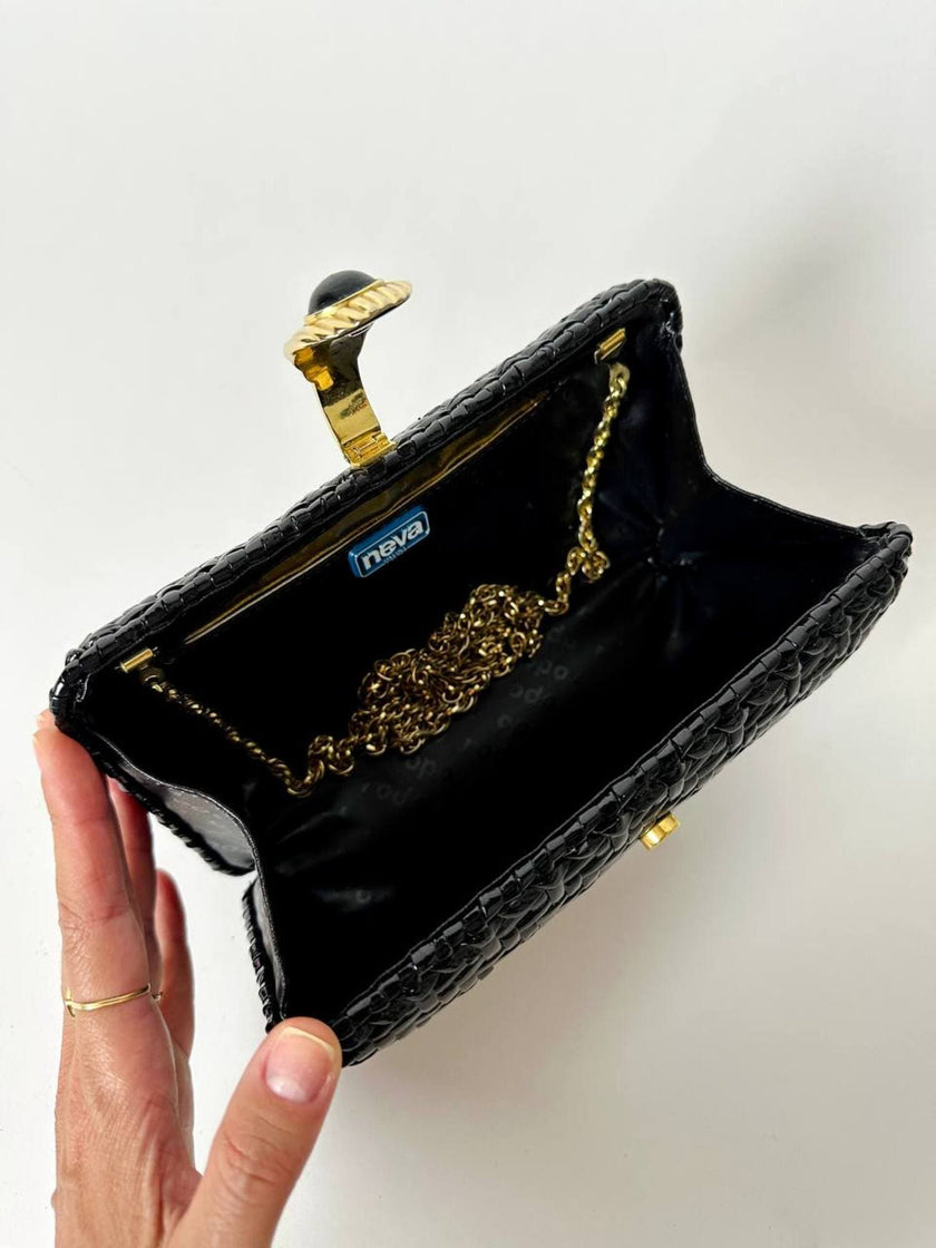 Borsa vintage Rodo in midollino nero e tracolla a carena