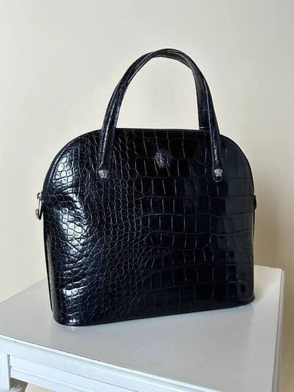 Borsa vintage Versace in pelle nera stampa coccodrillo