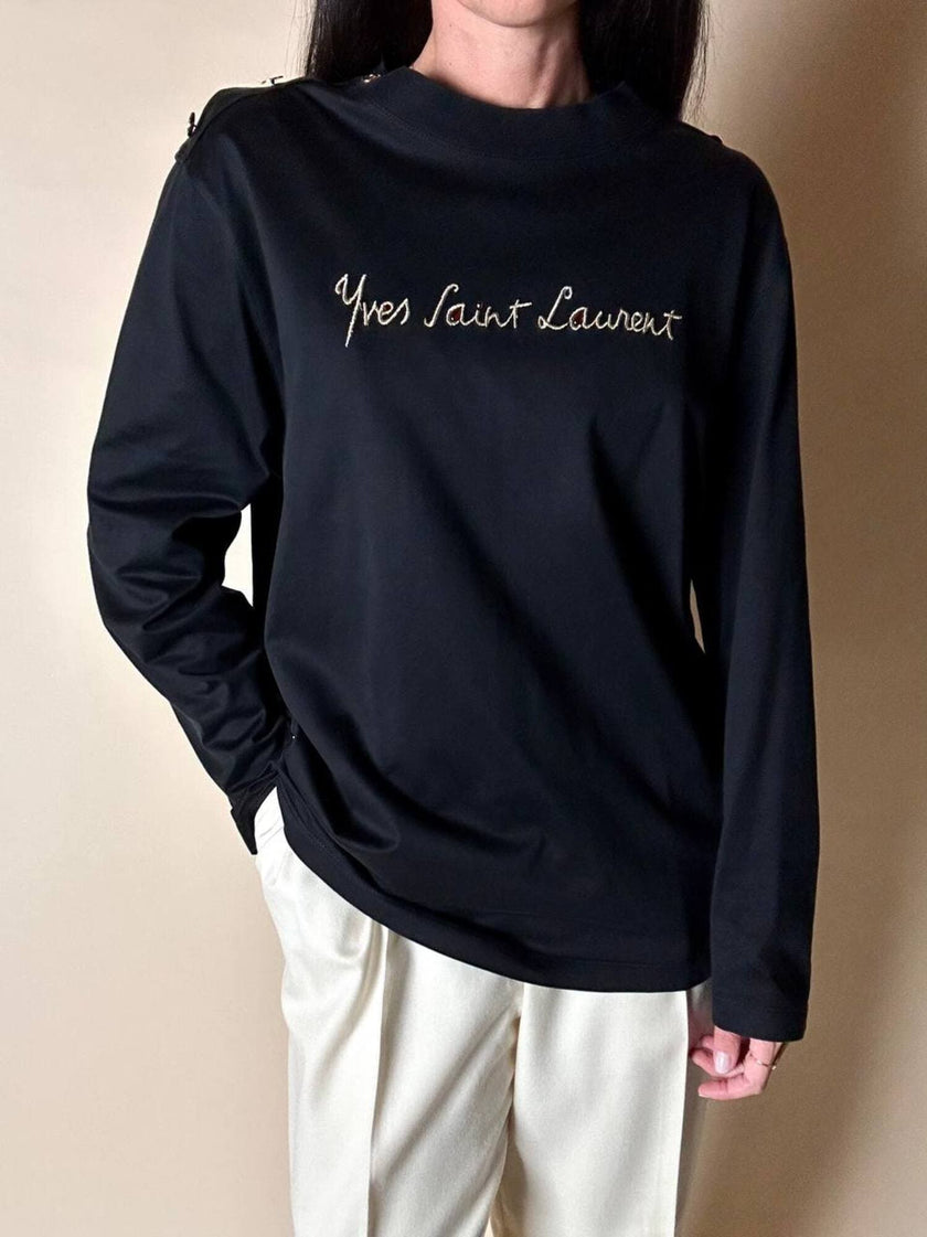 Maglia vintage Yves Saint Laurent in cotone nero con firma ricamata e bottoni dorati