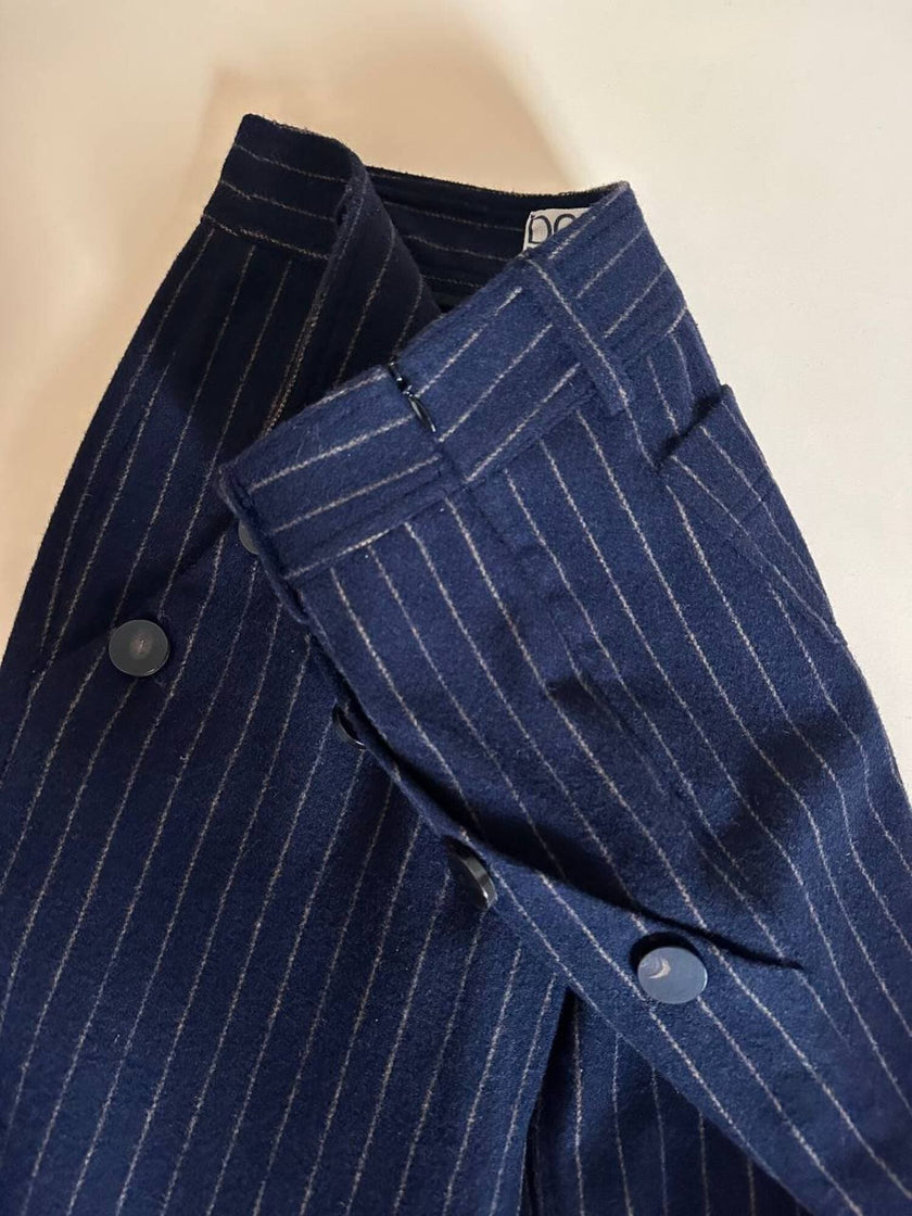 Pantalone a vita alta DOU DOU modello sailor in lana gessata blu notte