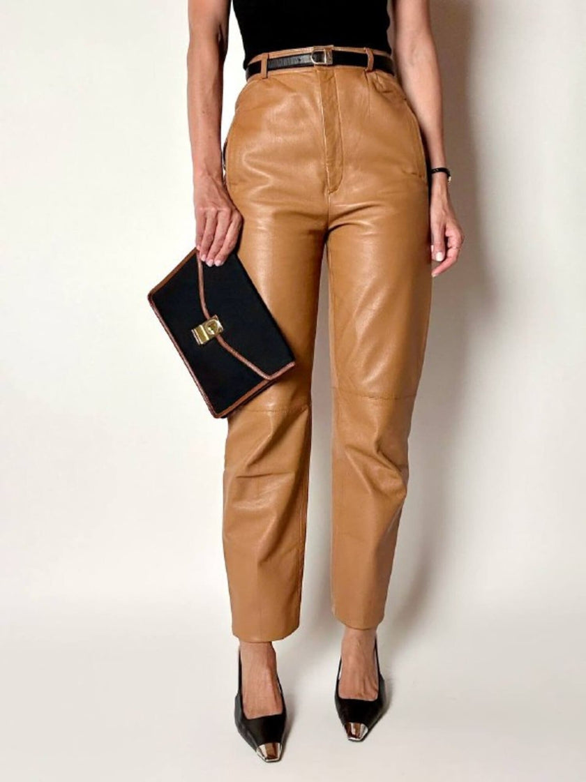 Vintage high-waisted tan leather trousers by Modissa