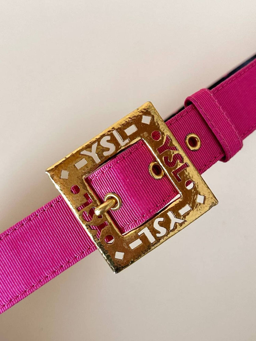 Cintura in gros grain fucsia con fibbia logata color oro “Yves Saint Laurent”