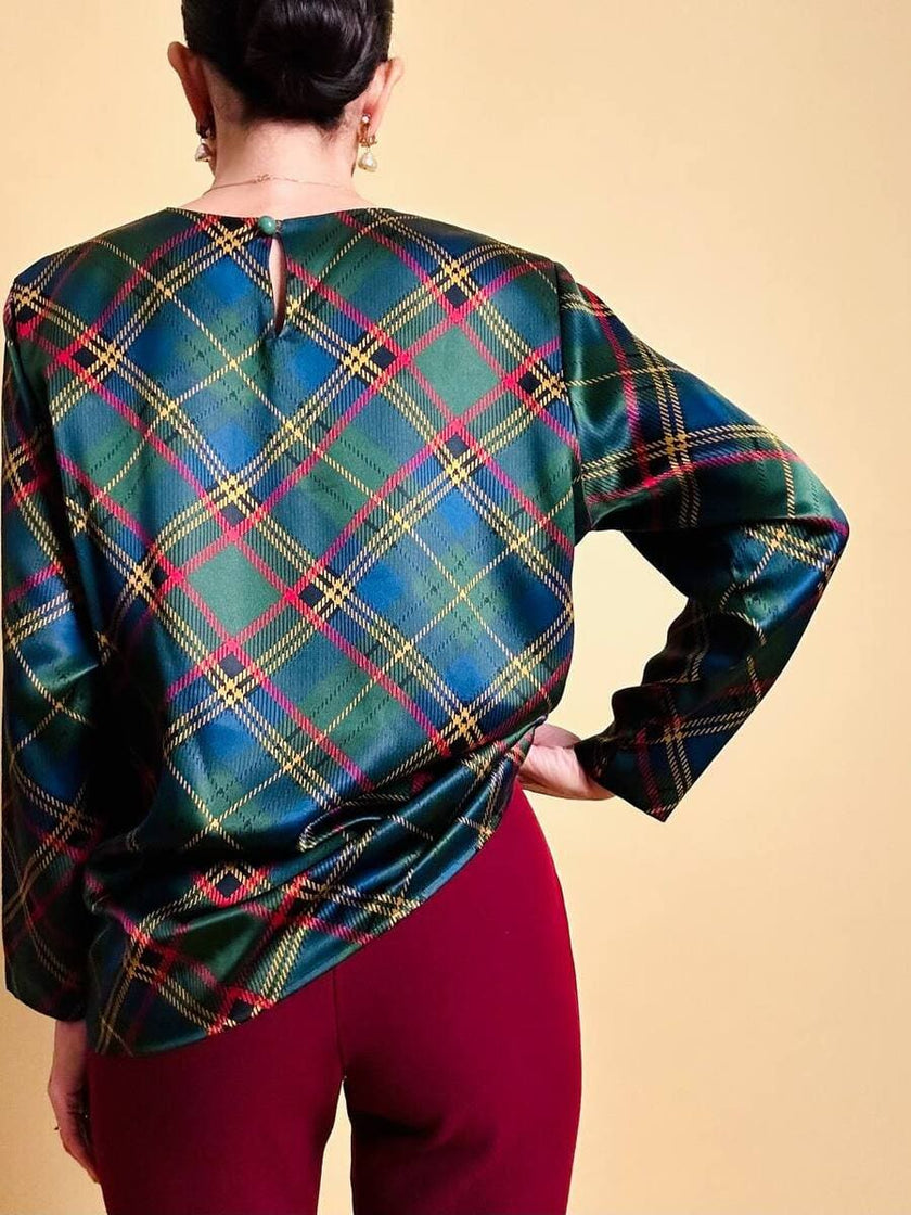 Blusa in raso di seta tartan 