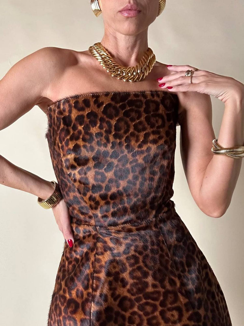 Mini abito con gonna a palloncino in cavallino leopardato