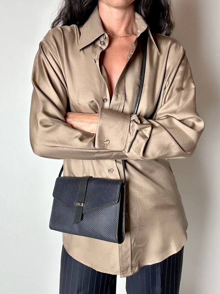 Borsa bandoulière vintage Yves Saint Laurent in tessuto plastificato e pelle blu notte