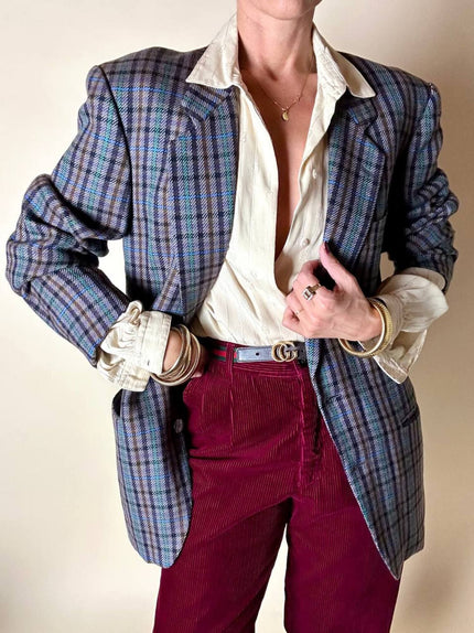 Blazer Yves Saint Laurent in lana Principe di Galles con overcheck azzurro