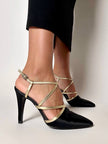 Sandali vintage Yves Saint Laurent in raso di seta nero e pelle laminata oro