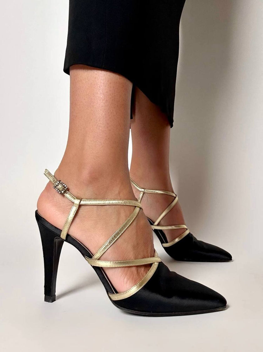 Sandali vintage Yves Saint Laurent in raso di seta nero e pelle laminata oro