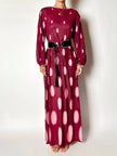 Maxi abito vintage Gottex in cpêpe amarena con maxi pois irregolari rosa