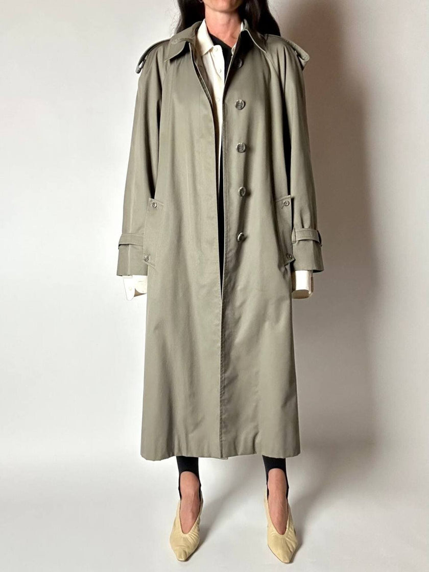 Vintage Aquascutum trench coat in khaki green gabardine with matching belt