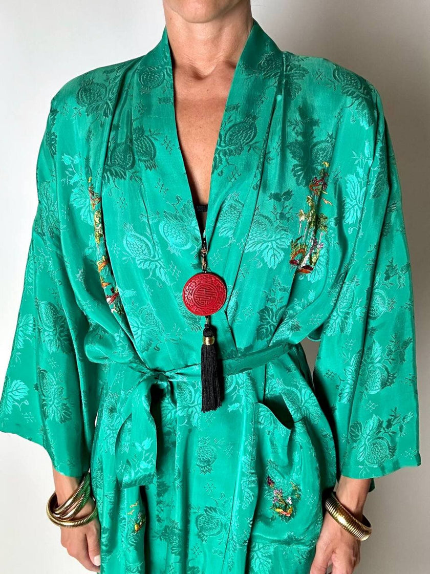 Green rayon jacquard kimono robe with multicolor embroidery