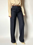 Pantalone vintage a palazzo blu notte gessato in pregiato fresco lana di Tasmania e seta