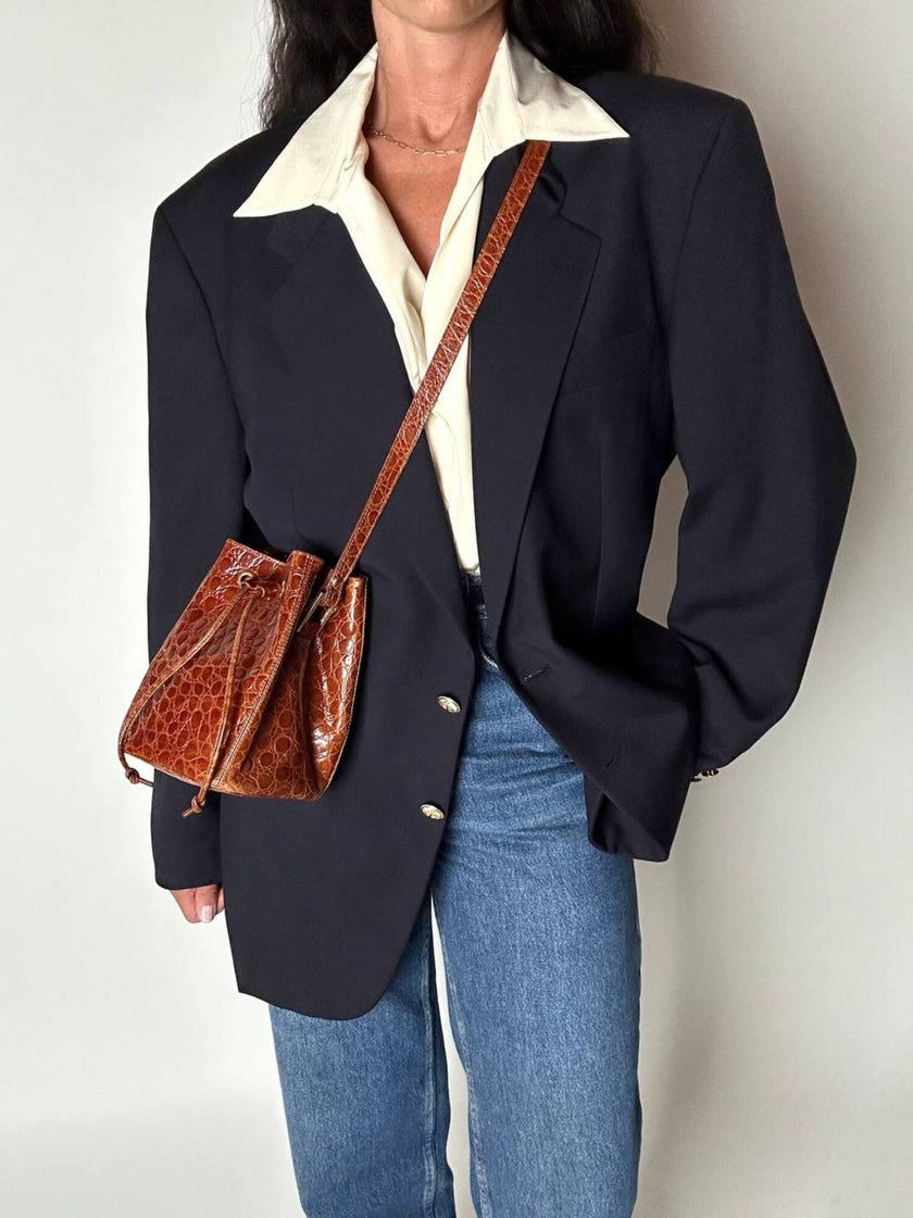 Blazer vintage Enrico Coveri You Young in rasato di lana blu notte con bottoni dorati